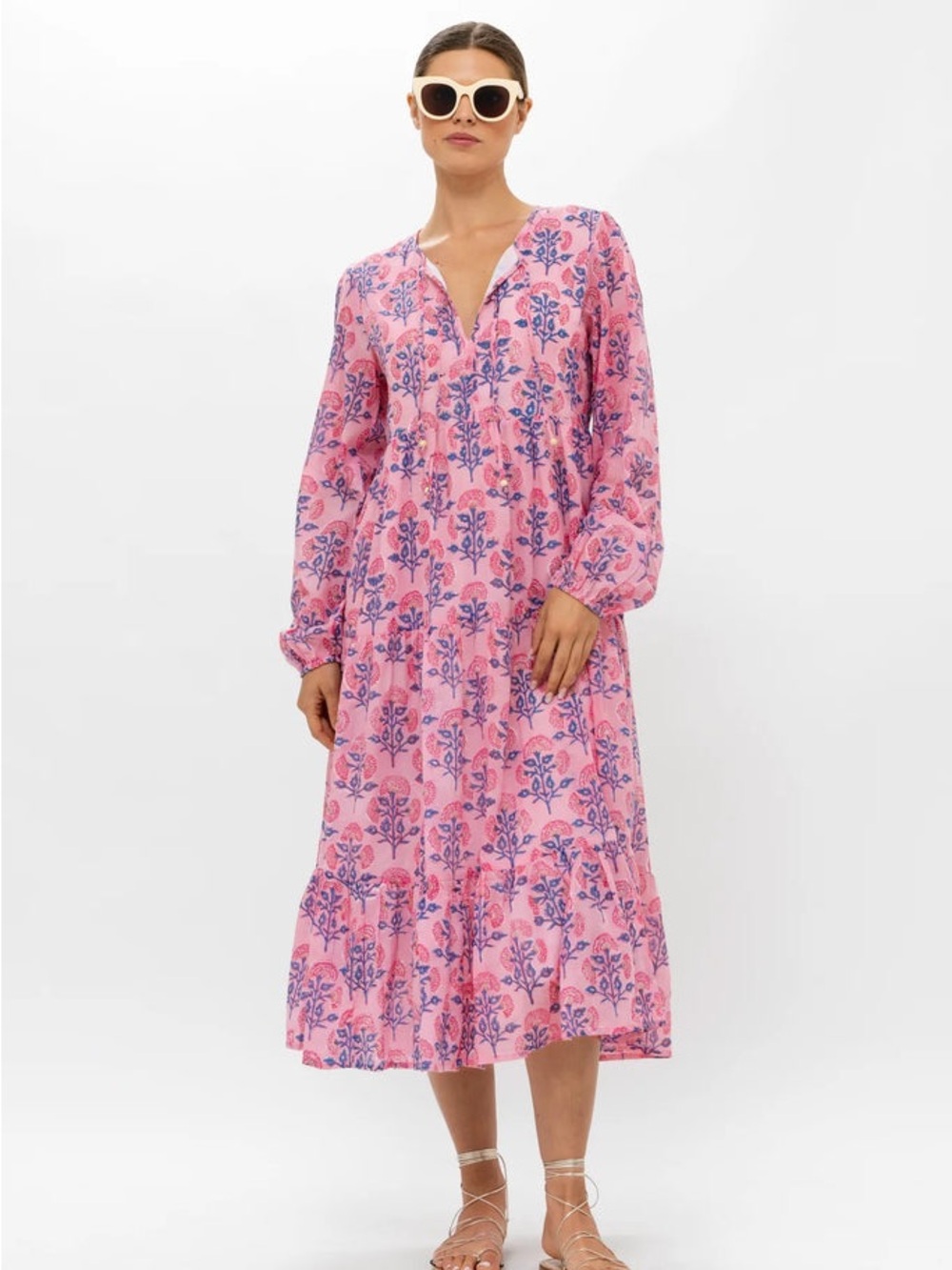 Oliphant Pink Midi Dress with Blue Floral Print